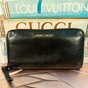 Jimmy Choo Black Long Zip Around Wallet with authentication cards. 🔥